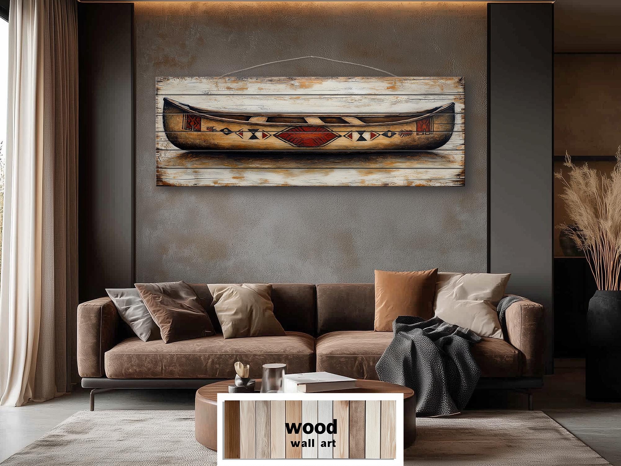Old Wooden Brown Canoe Long Horizontal Rustic Real Wood Wall Art