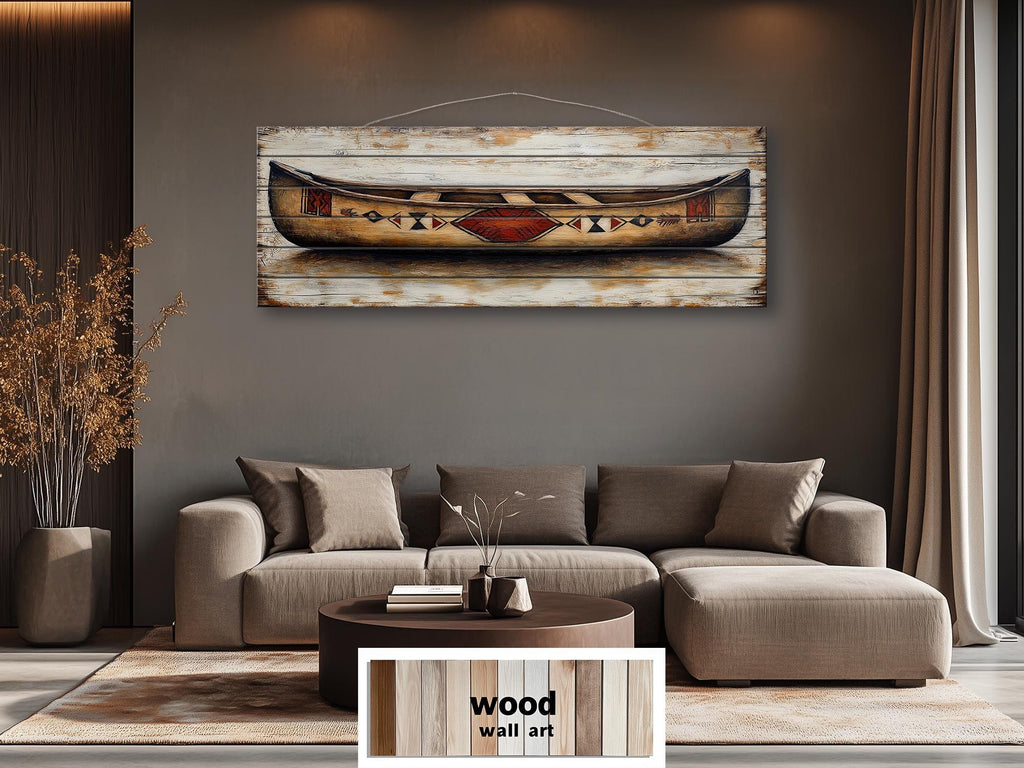 Old Wooden Brown Canoe Long Horizontal Rustic Real Wood Wall Art