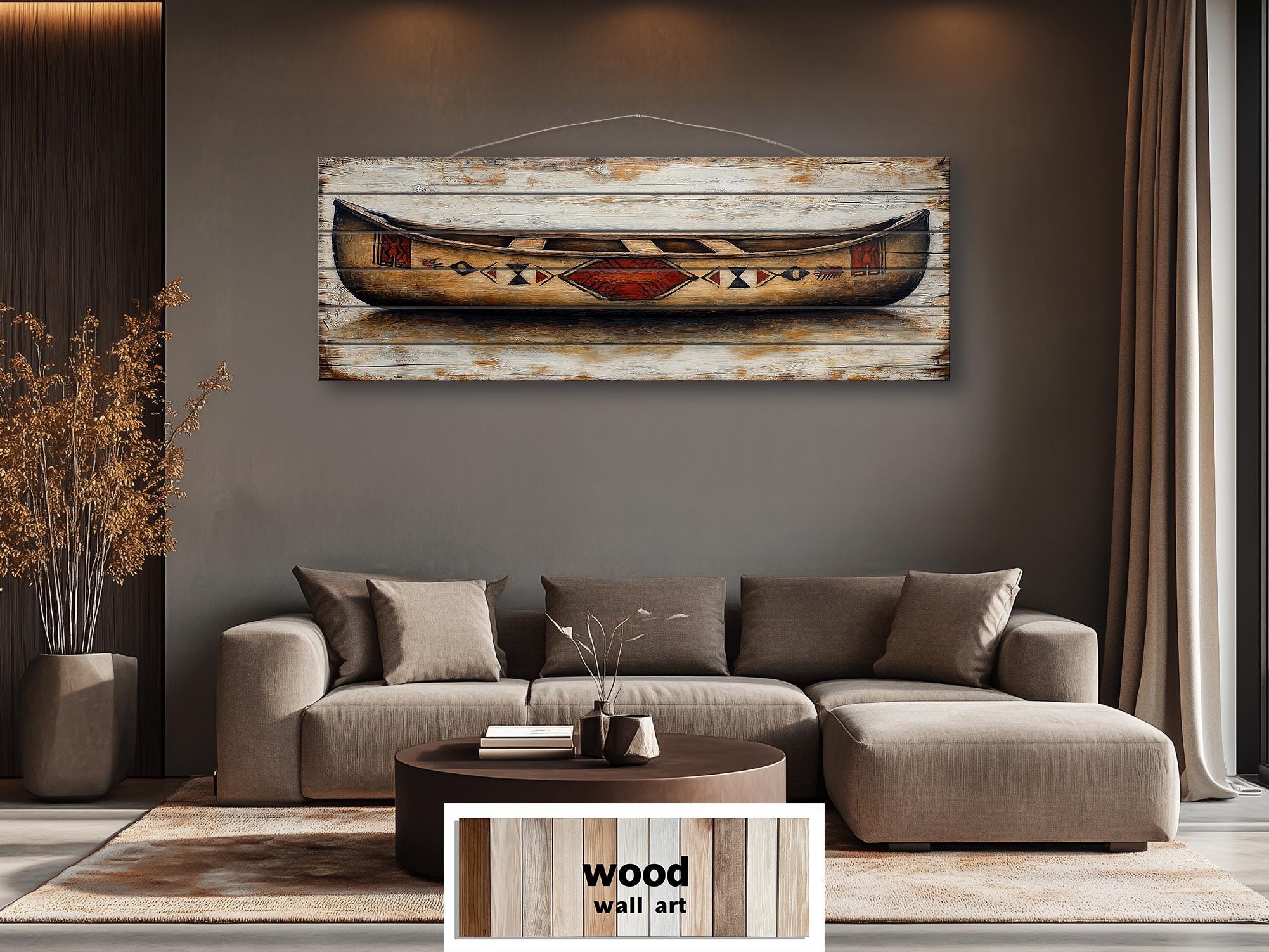 Old Wooden Brown Canoe Long Horizontal Rustic Real Wood Wall Art