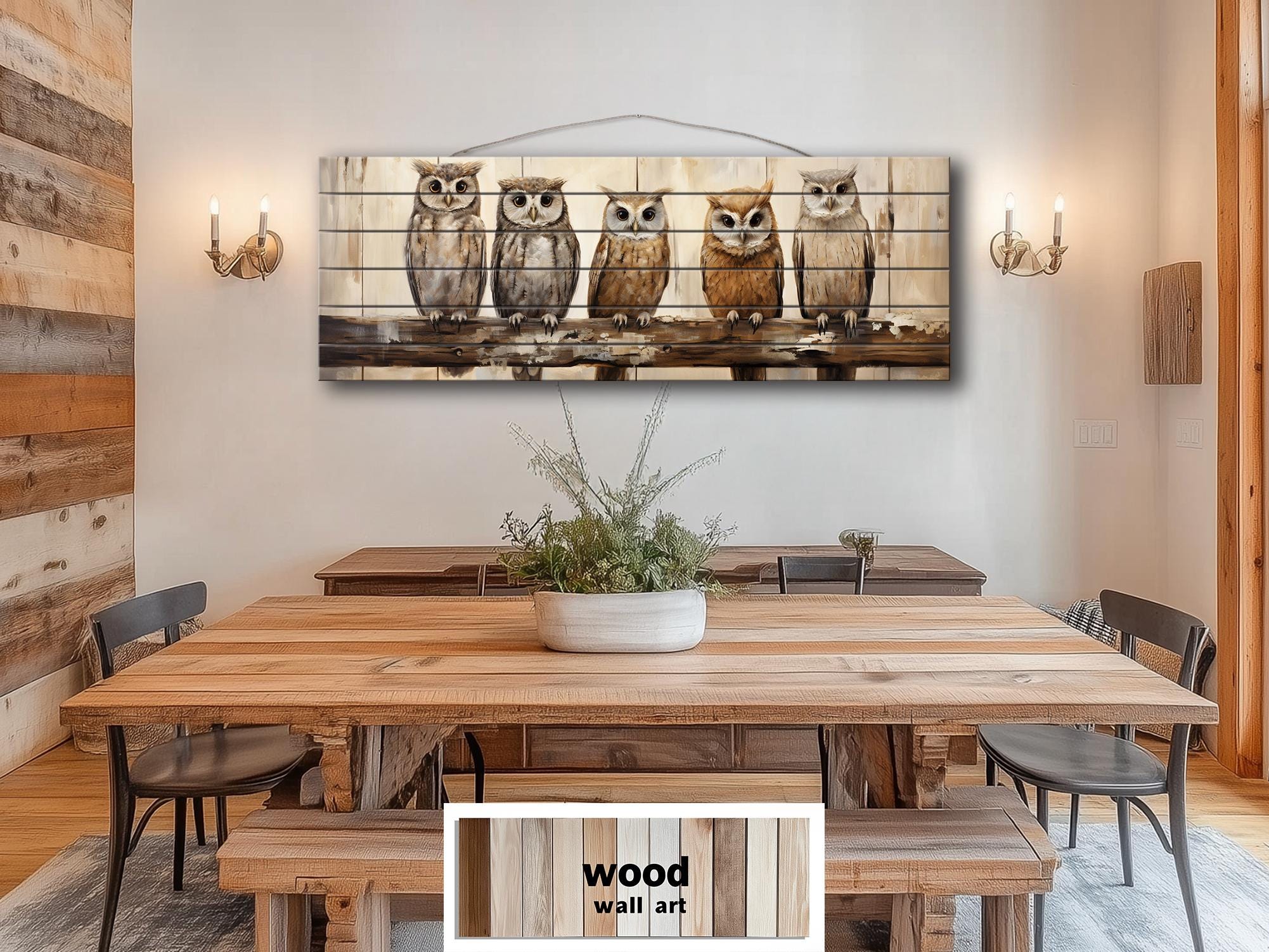 Owl Family Real Wood Long Horizontal Wall Art For Farmhouse Decor