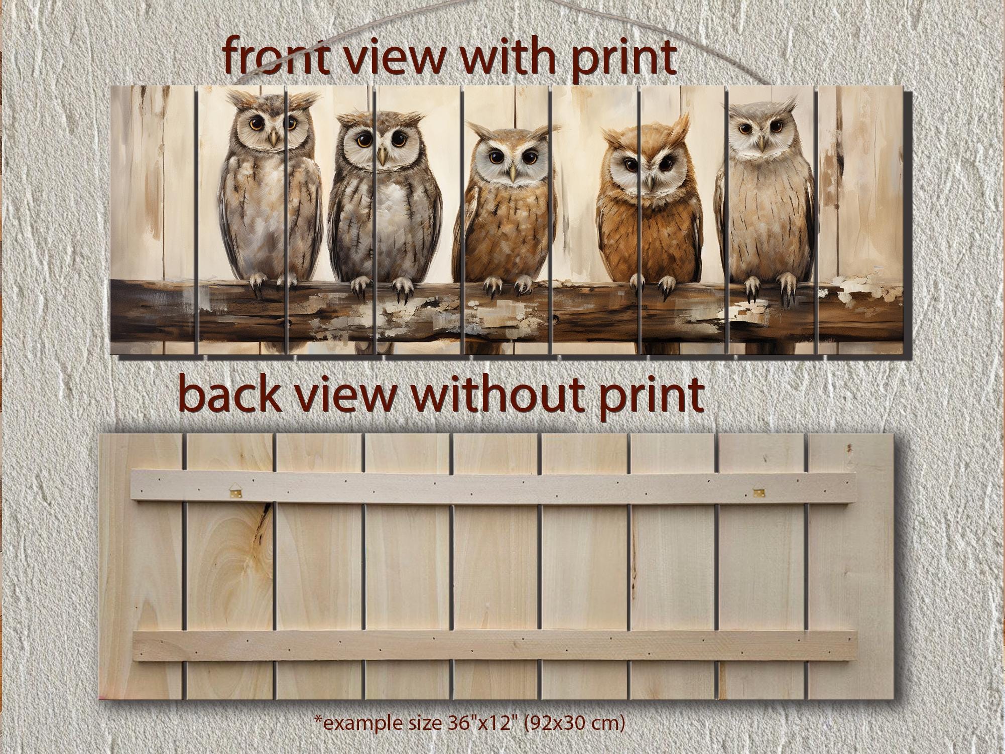 Owl Family Real Wood Long Horizontal Wall Art For Farmhouse Decor