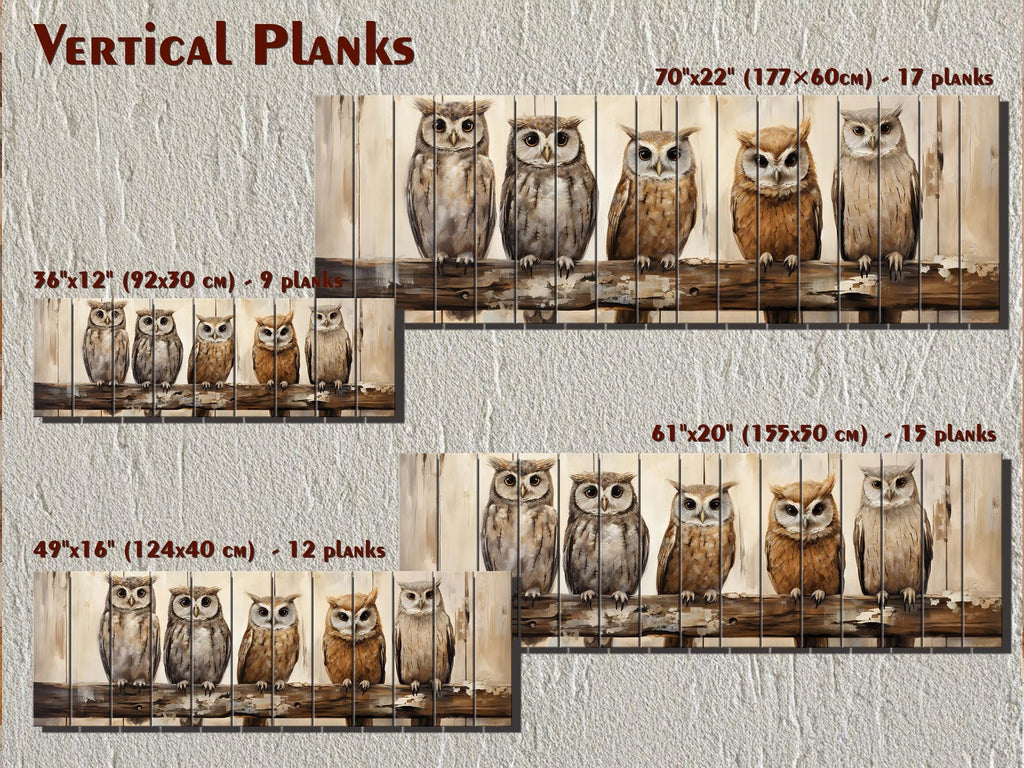Owl Family Real Wood Long Horizontal Wall Art For Farmhouse Decor