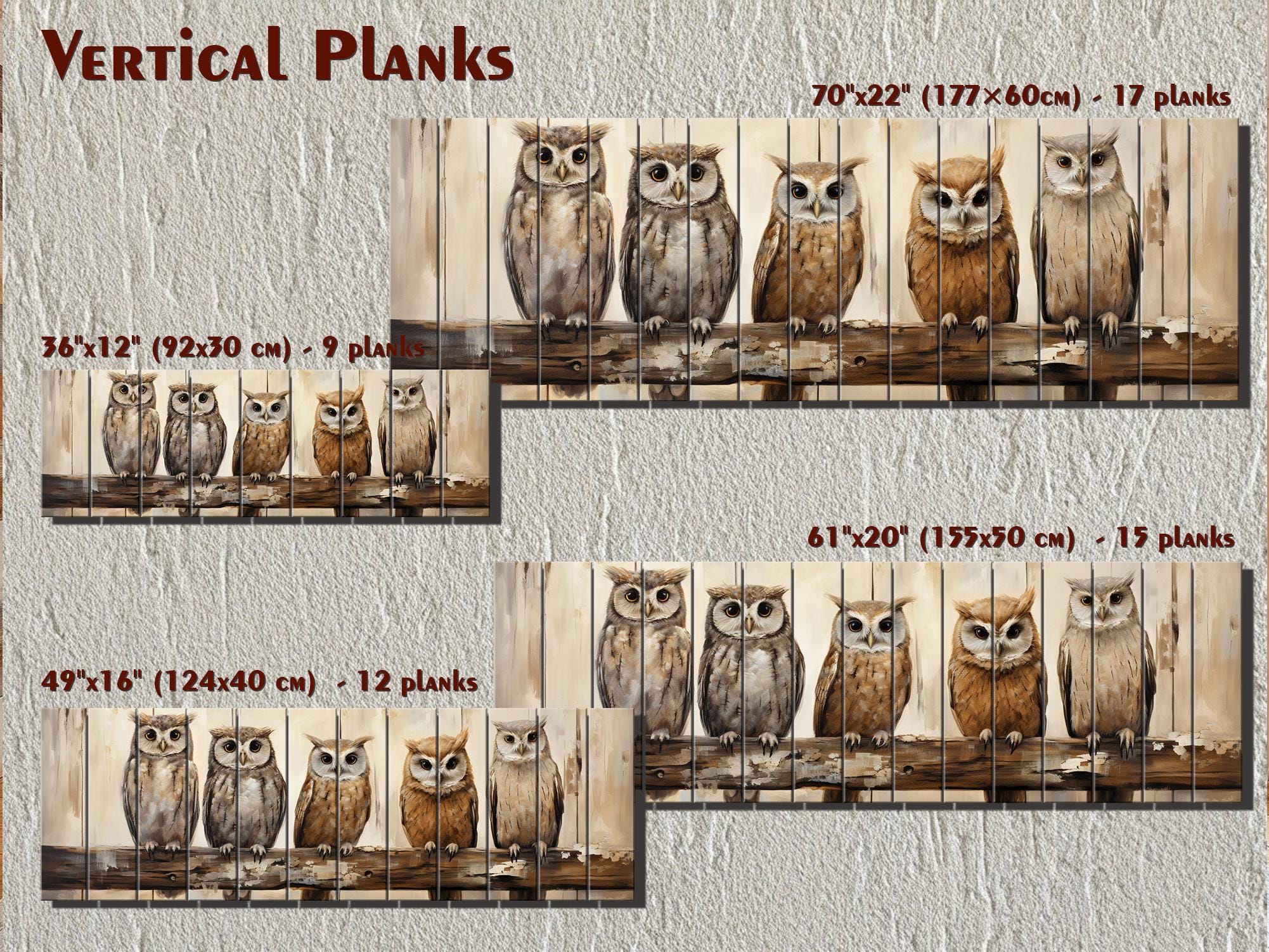 Owl Family Real Wood Long Horizontal Wall Art For Farmhouse Decor