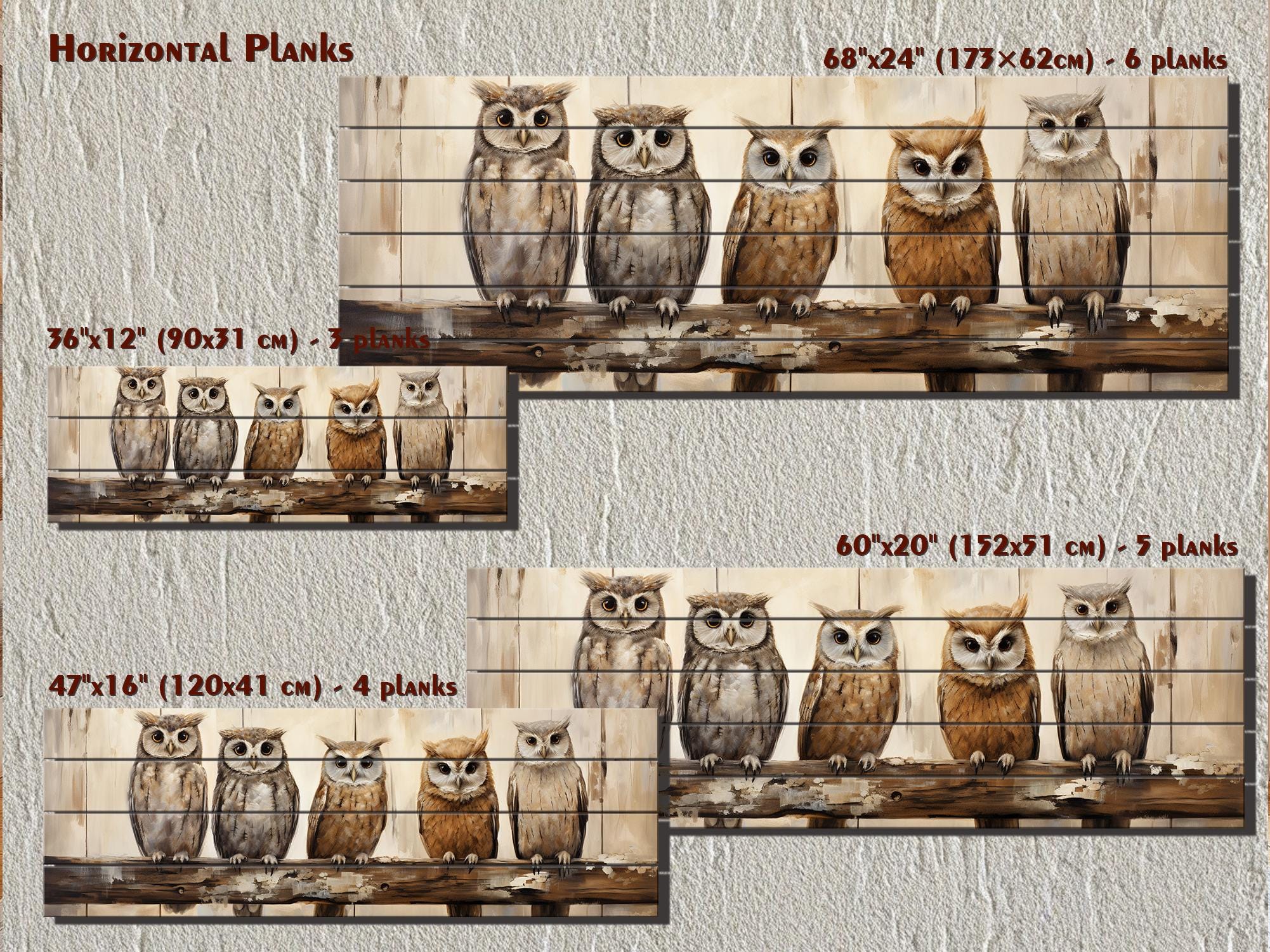 Owl Family Real Wood Long Horizontal Wall Art For Farmhouse Decor