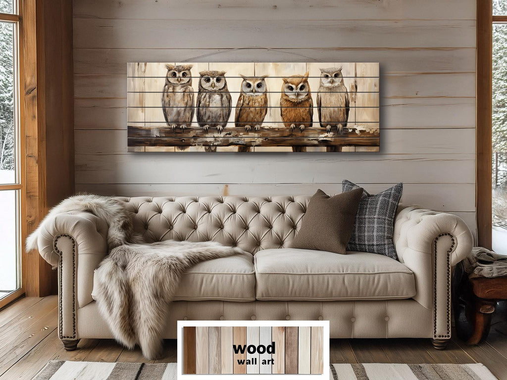 Owl Family Real Wood Long Horizontal Wall Art For Farmhouse Decor