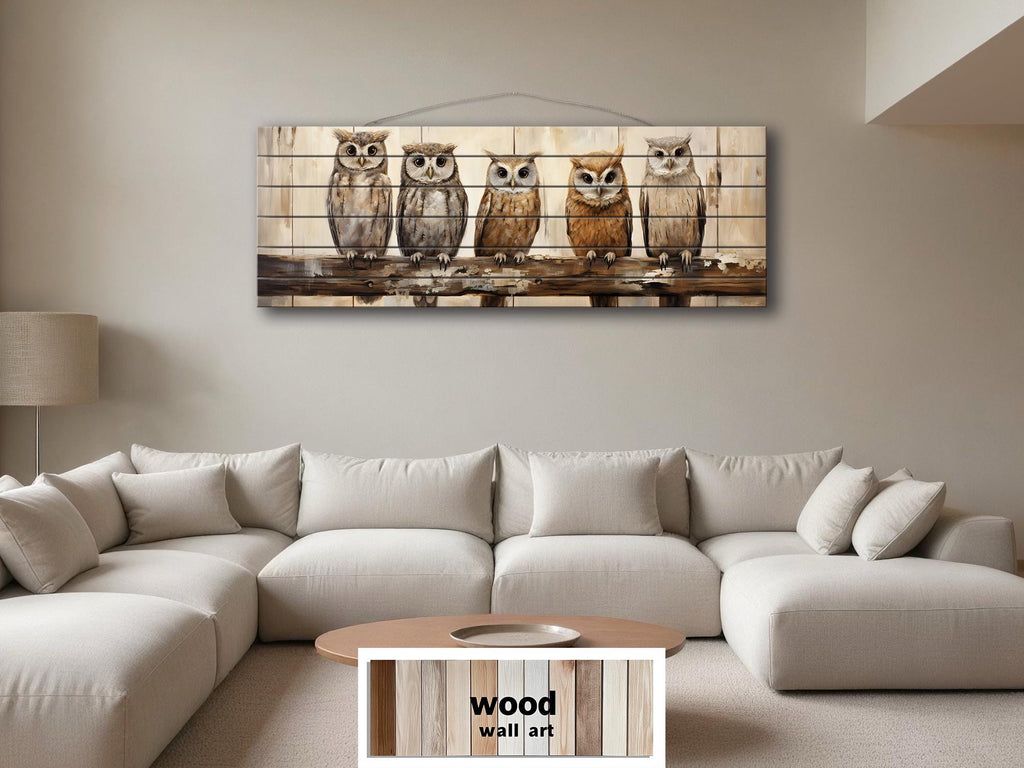 Owl Family Real Wood Long Horizontal Wall Art For Farmhouse Decor