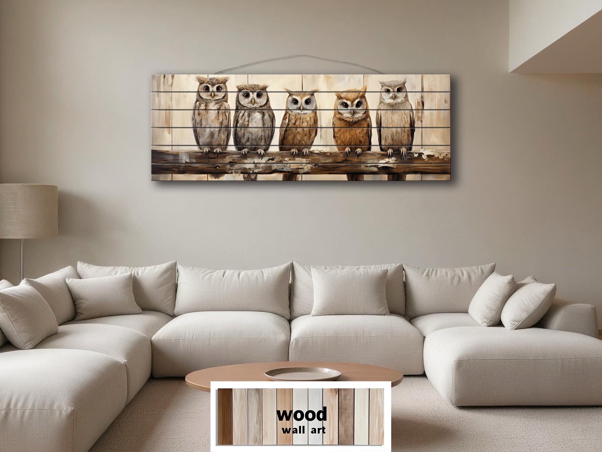 Owl Family Real Wood Long Horizontal Wall Art For Farmhouse Decor