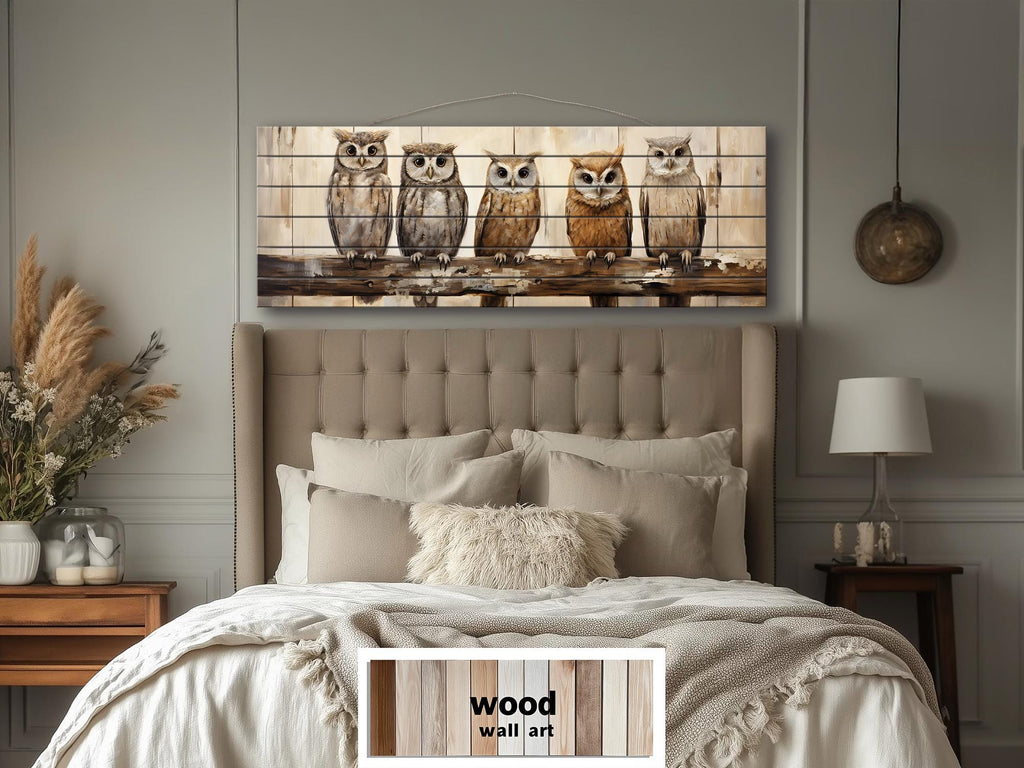 Owl Family Real Wood Long Horizontal Wall Art For Farmhouse Decor
