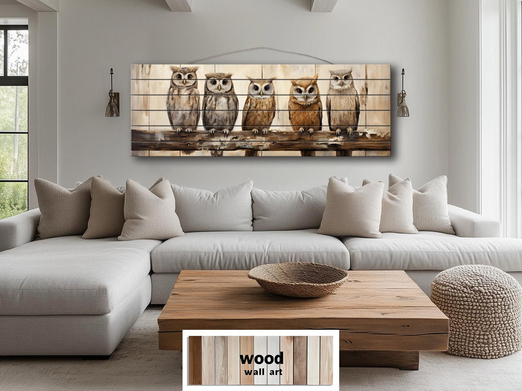 Owl Family Real Wood Long Horizontal Wall Art For Farmhouse Decor