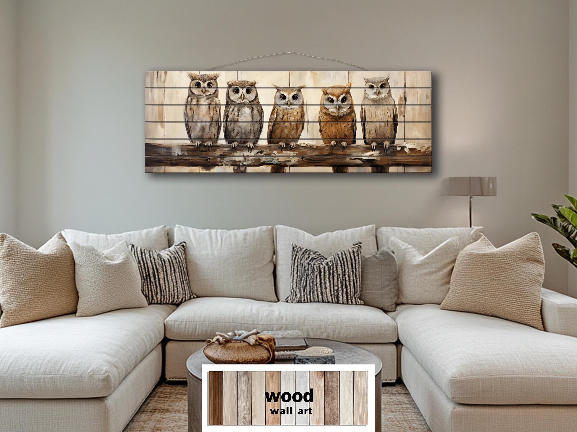 Owl Family Real Wood Long Horizontal Wall Art For Farmhouse Decor