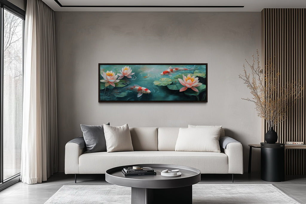 Panoramic Koi Fish Long Horizontal Framed Canvas Wall Art