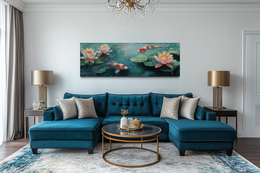 Panoramic Koi Fish Long Horizontal Framed Canvas Wall Art
