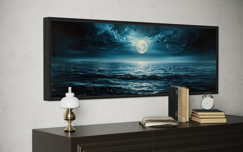 Panoramic Navy Blue Ocean And Moon In Night Sky Wall Art