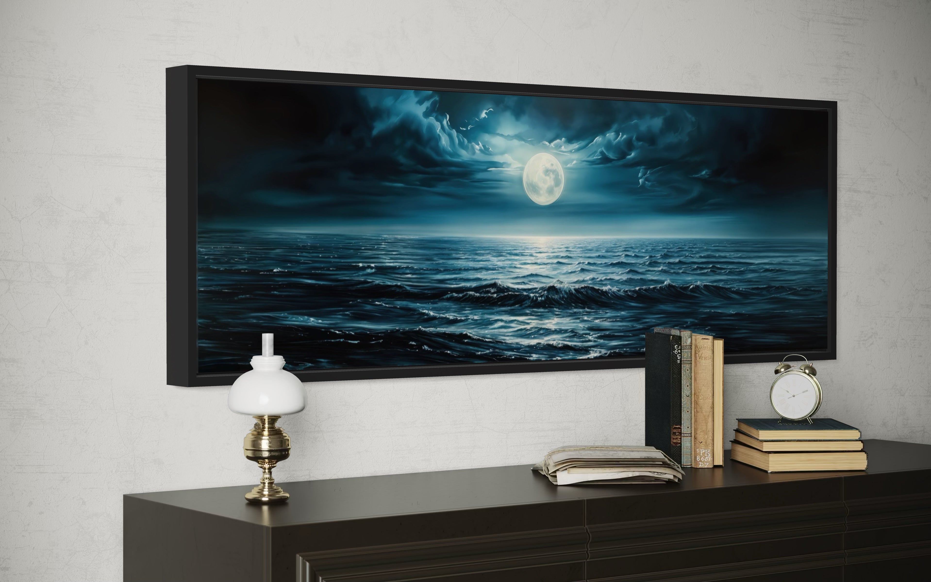 Panoramic Navy Blue Ocean And Moon In Night Sky Wall Art