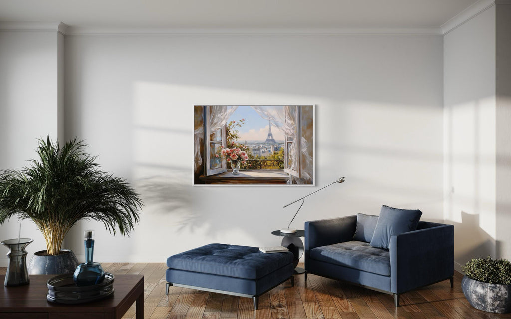 Paris Window View Wall Art With Eiffel Tower And Flowers