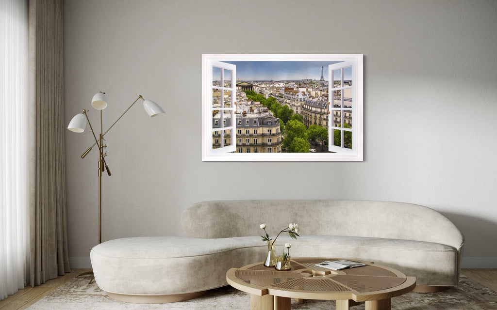 Paris Window View With Eiffel Tower And Haussmann Rooftops Wall Art
