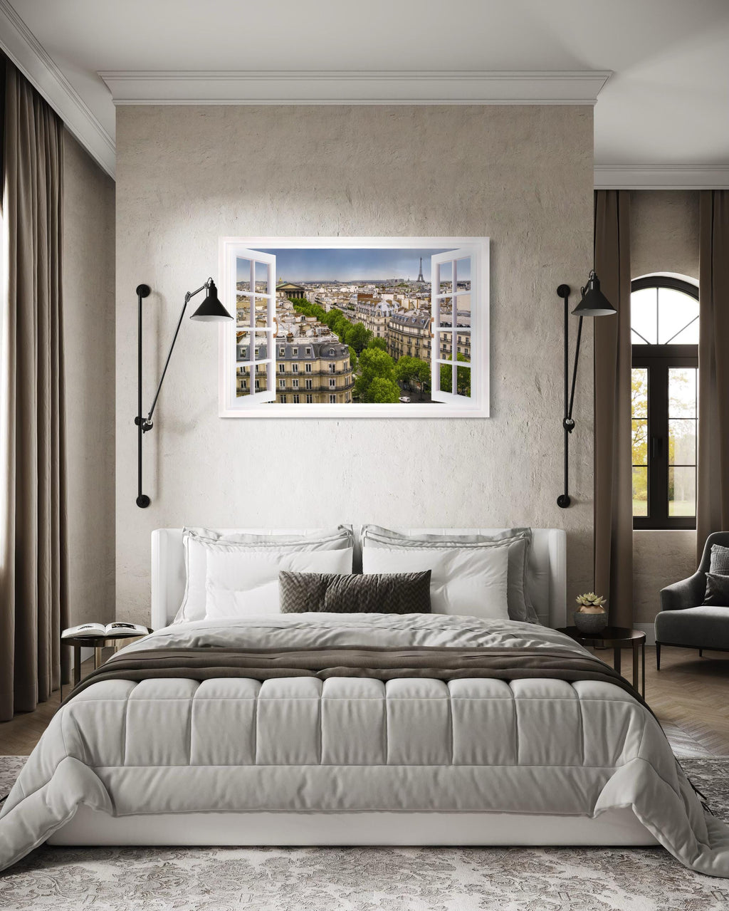 Paris Window View With Eiffel Tower And Haussmann Rooftops Wall Art