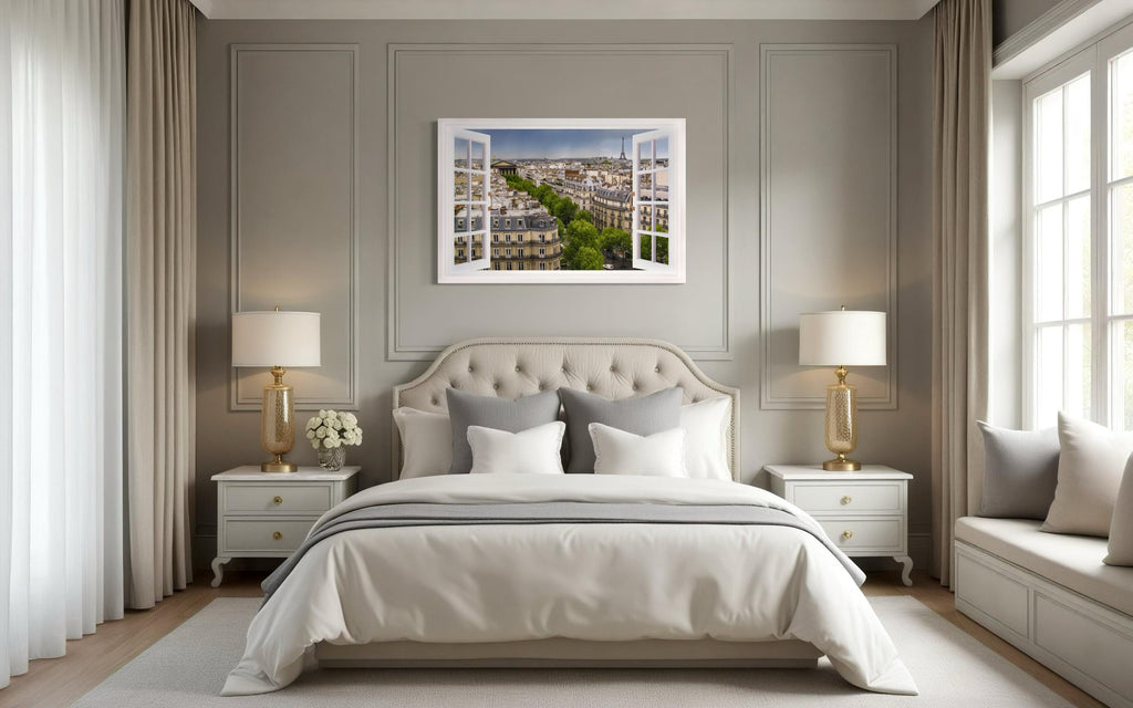 Paris Window View With Eiffel Tower And Haussmann Rooftops Wall Art