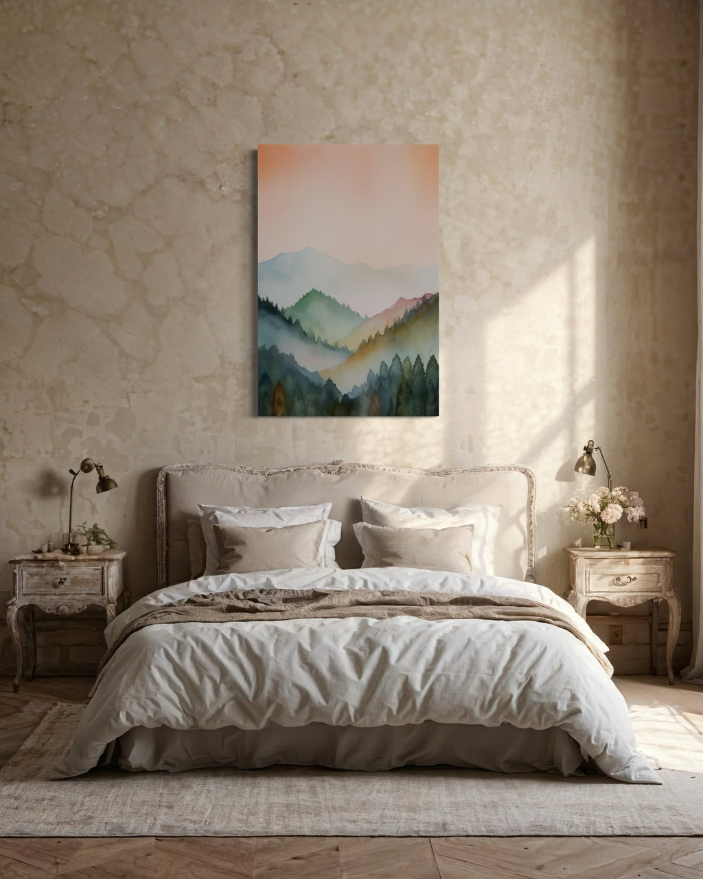 Pastel Mountains Landscape  Blush Pink And Green Vertical Framed Canvas Wall Art