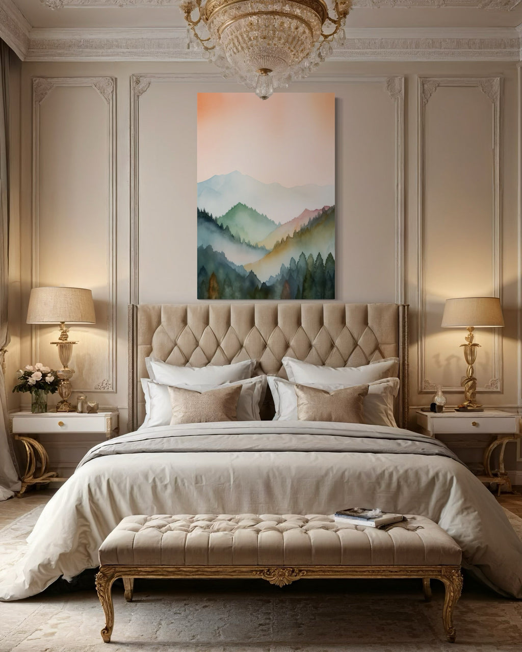 Pastel Mountains Landscape  Blush Pink And Green Vertical Framed Canvas Wall Art
