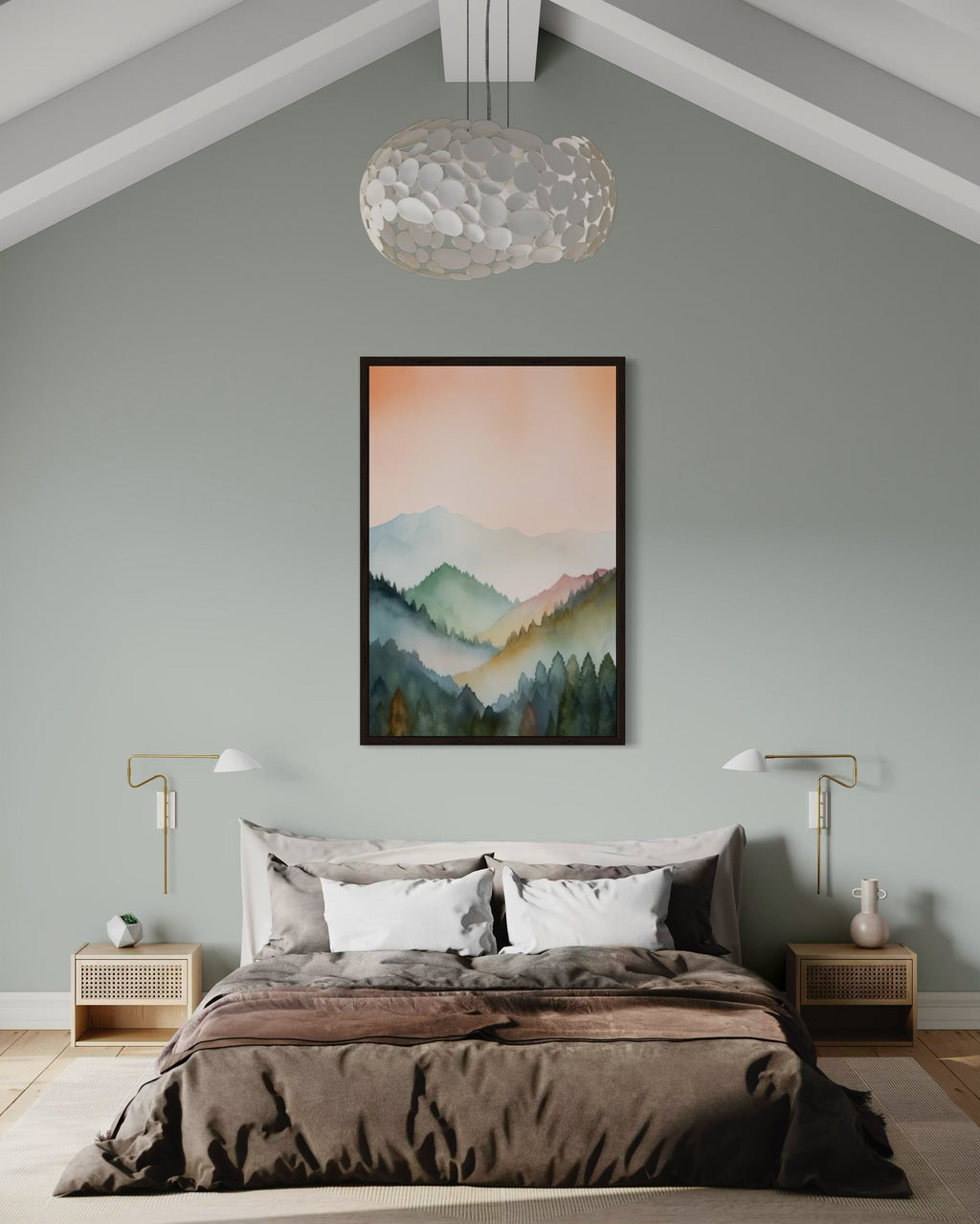 Pastel Mountains Landscape  Blush Pink And Green Vertical Framed Canvas Wall Art