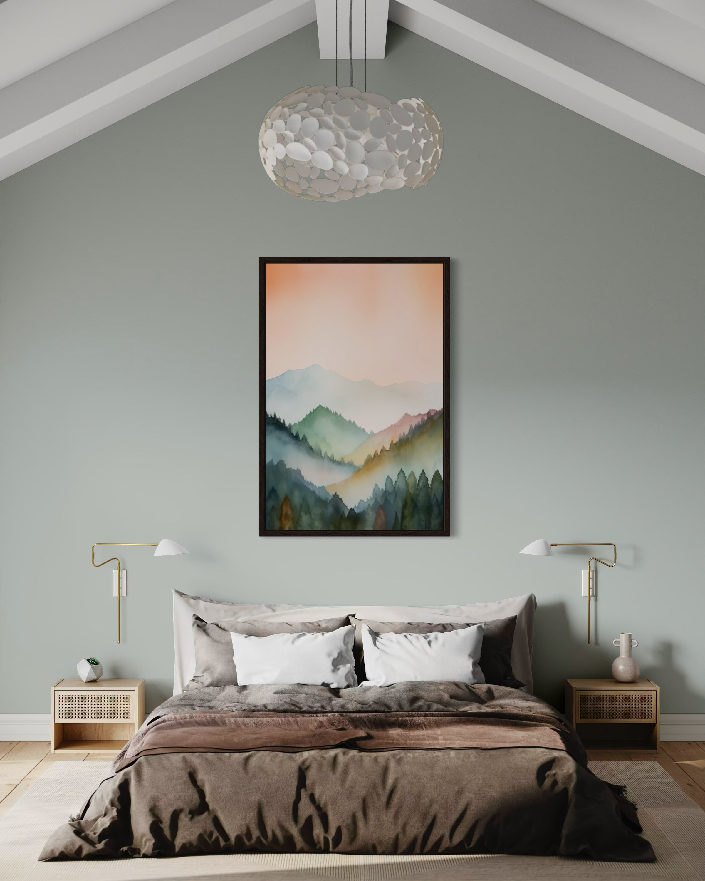 Pastel Mountains Landscape  Blush Pink And Green Vertical Framed Canvas Wall Art
