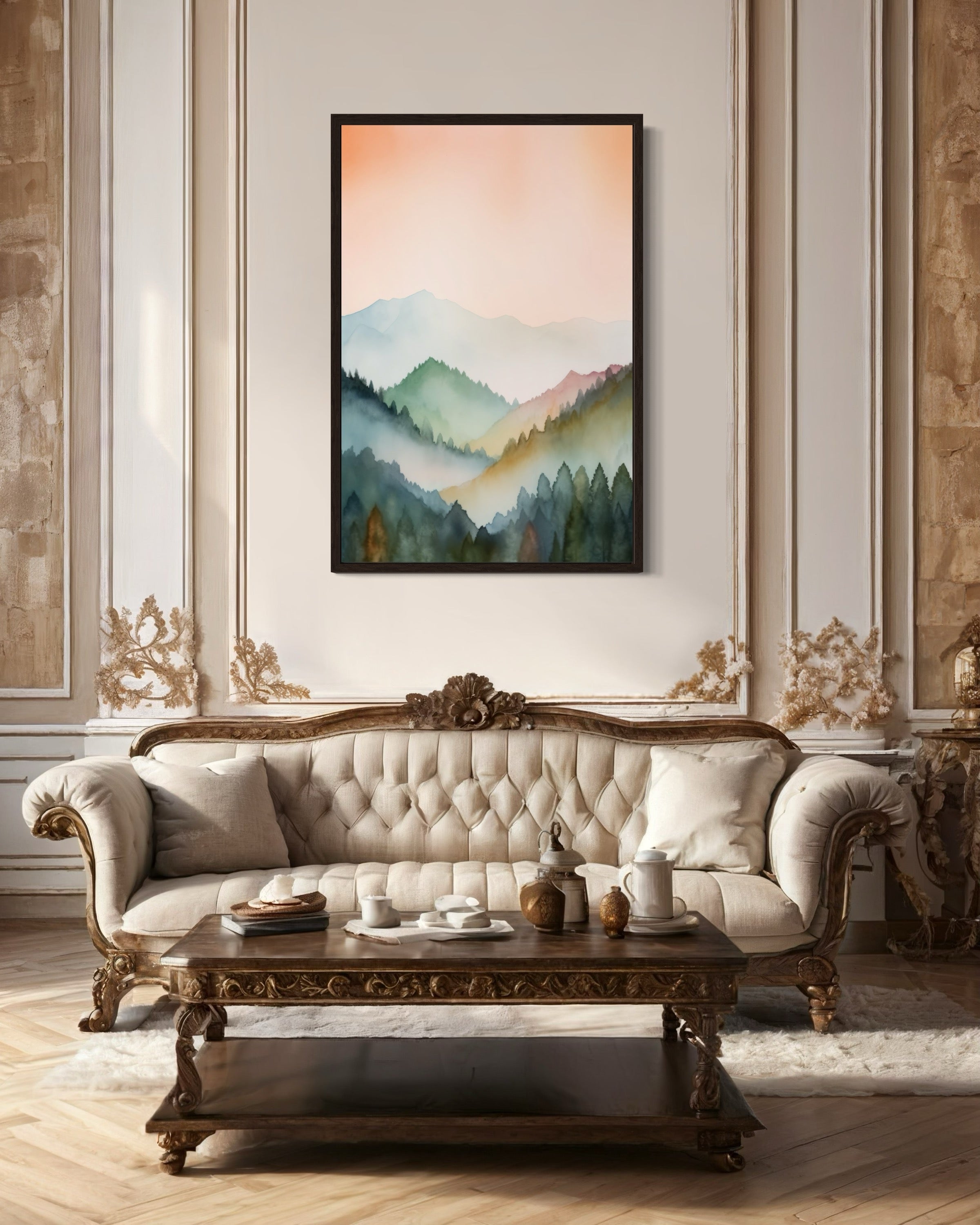 Pastel Mountains Landscape  Blush Pink And Green Vertical Framed Canvas Wall Art