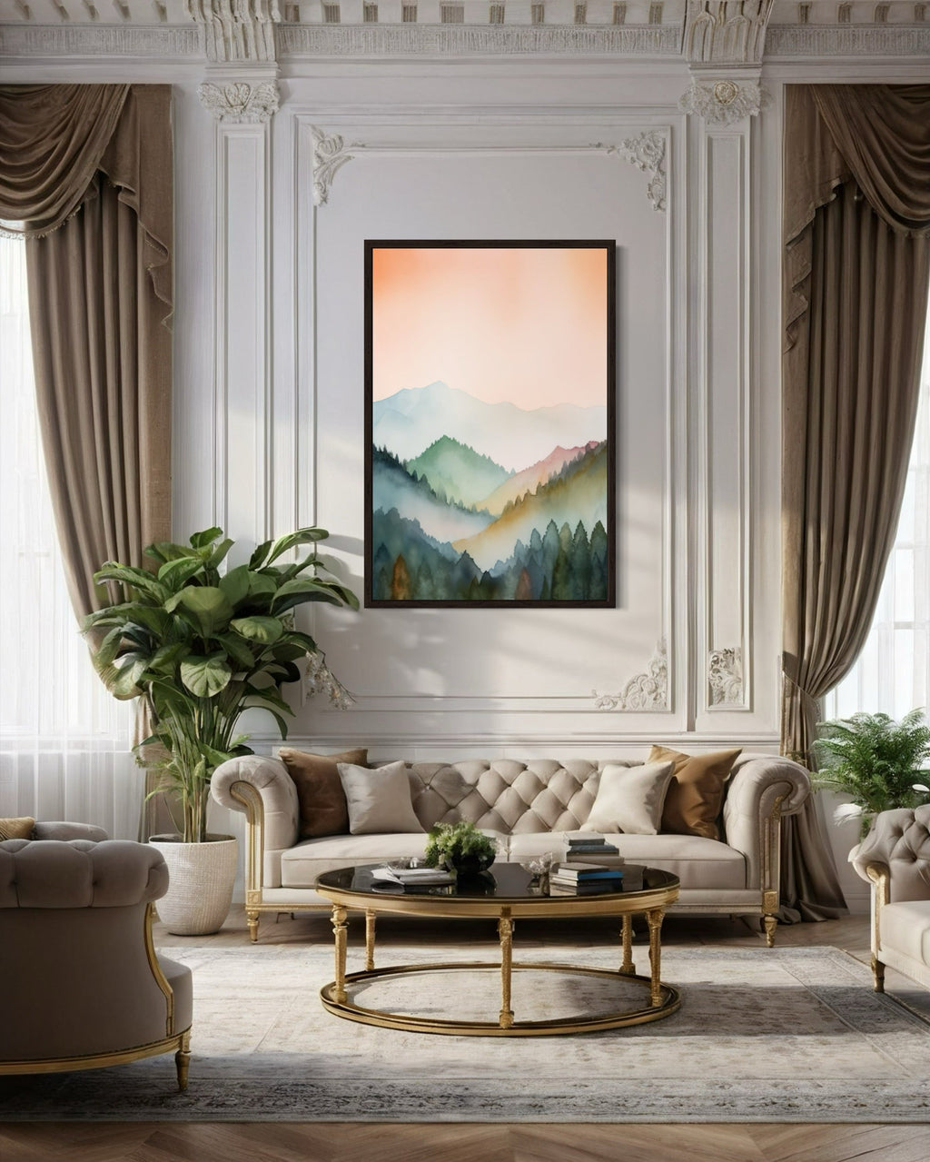 Pastel Mountains Landscape  Blush Pink And Green Vertical Framed Canvas Wall Art