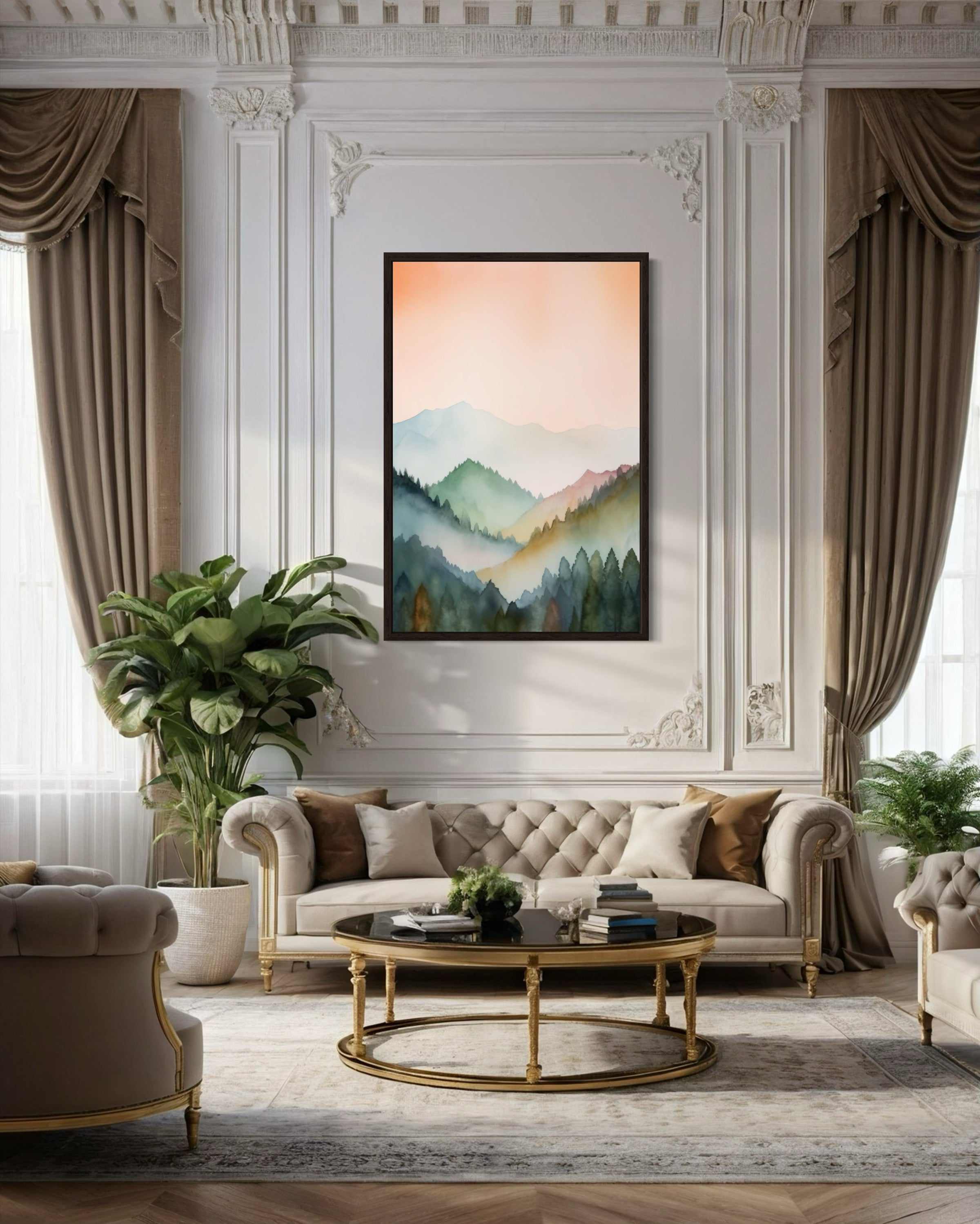 Pastel Mountains Landscape  Blush Pink And Green Vertical Framed Canvas Wall Art