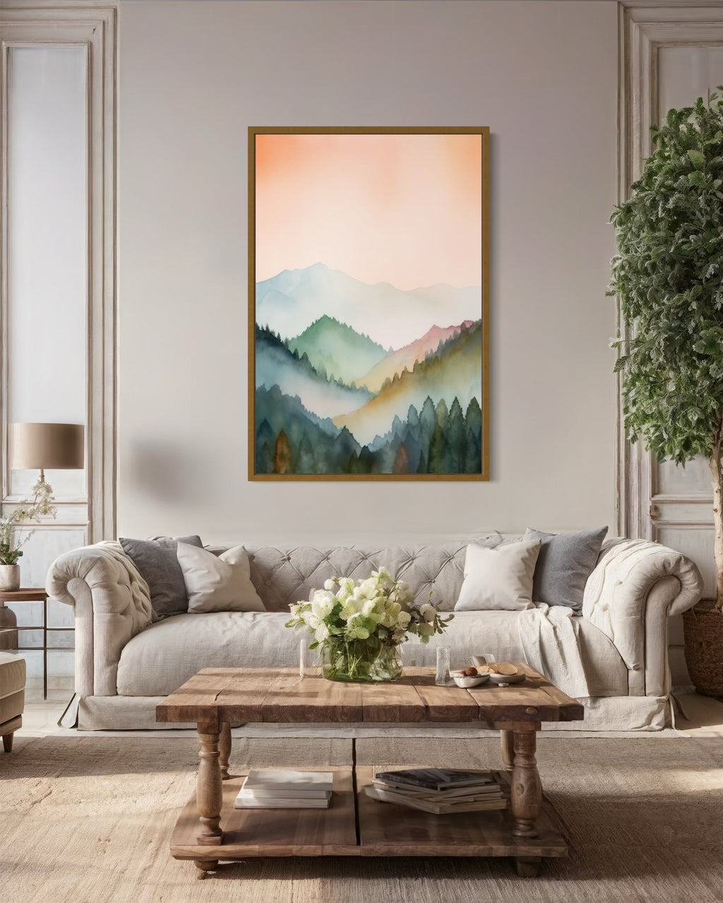 Pastel Mountains Landscape  Blush Pink And Green Vertical Framed Canvas Wall Art