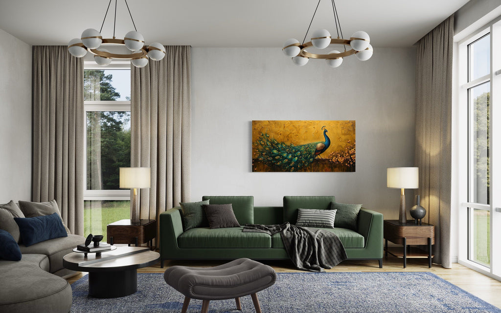 Peacock Wall Art – Framed Canvas Print With Gold Background For Living Room