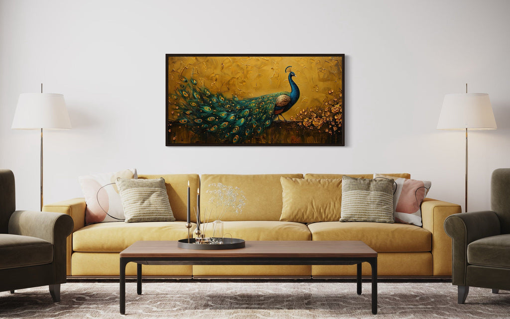 Peacock Wall Art – Framed Canvas Print With Gold Background For Living Room