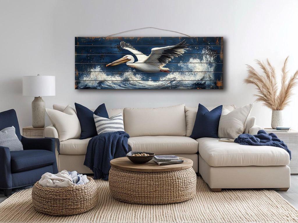 Pelican Flying Over Ocean Waves Long Horizontal Nautical Distressed Wood Wall Art