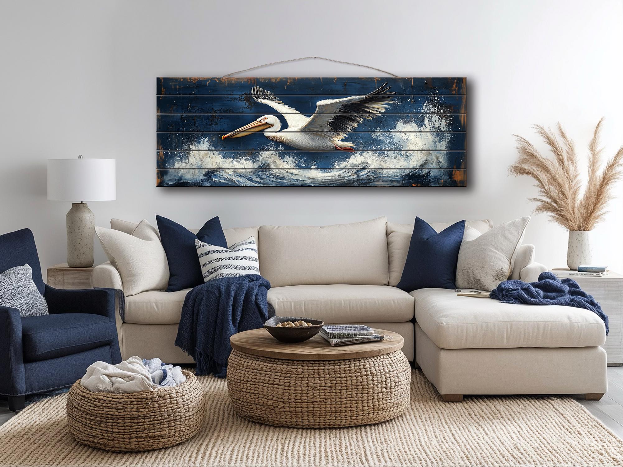 Pelican Flying Over Ocean Waves Long Horizontal Nautical Distressed Wood Wall Art