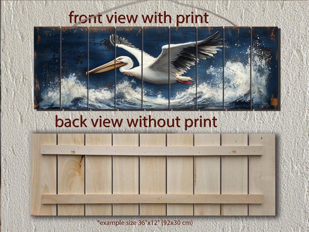 Pelican Flying Over Ocean Waves Long Horizontal Nautical Distressed Wood Wall Art