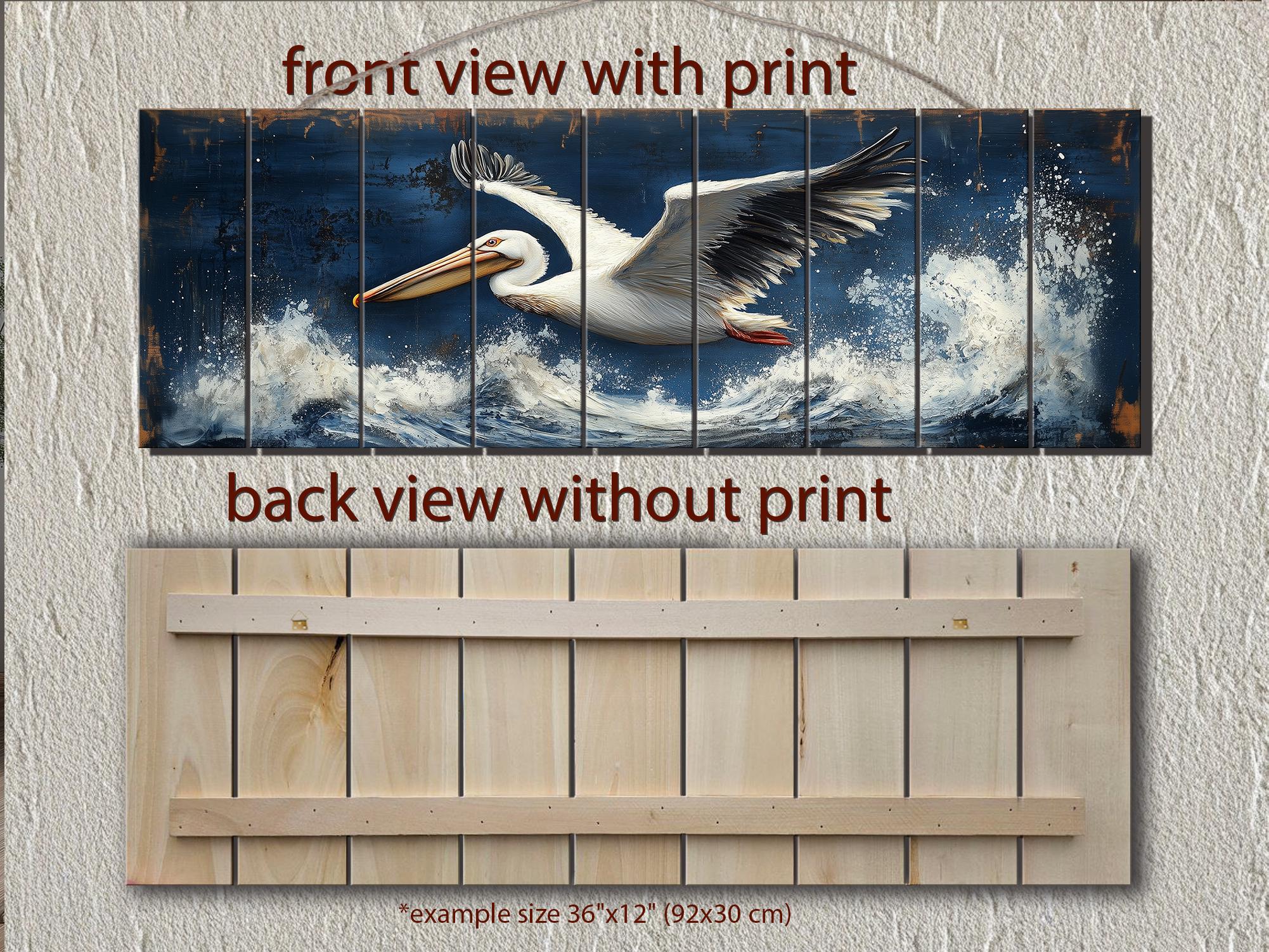 Pelican Flying Over Ocean Waves Long Horizontal Nautical Distressed Wood Wall Art