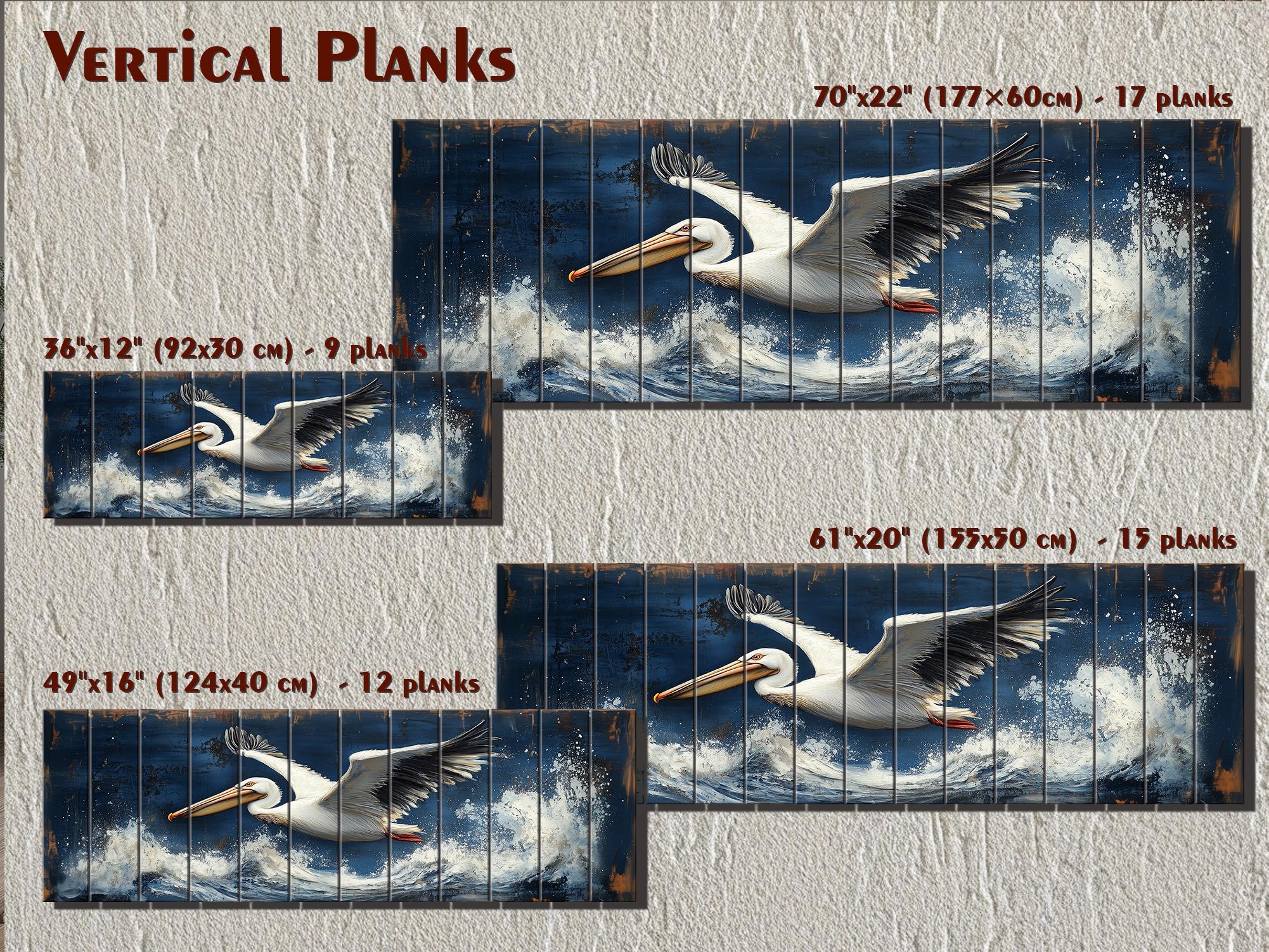 Pelican Flying Over Ocean Waves Long Horizontal Nautical Distressed Wood Wall Art