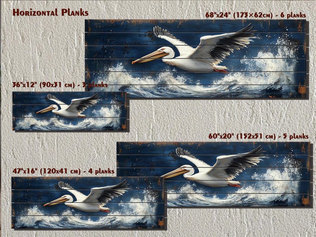 Pelican Flying Over Ocean Waves Long Horizontal Nautical Distressed Wood Wall Art