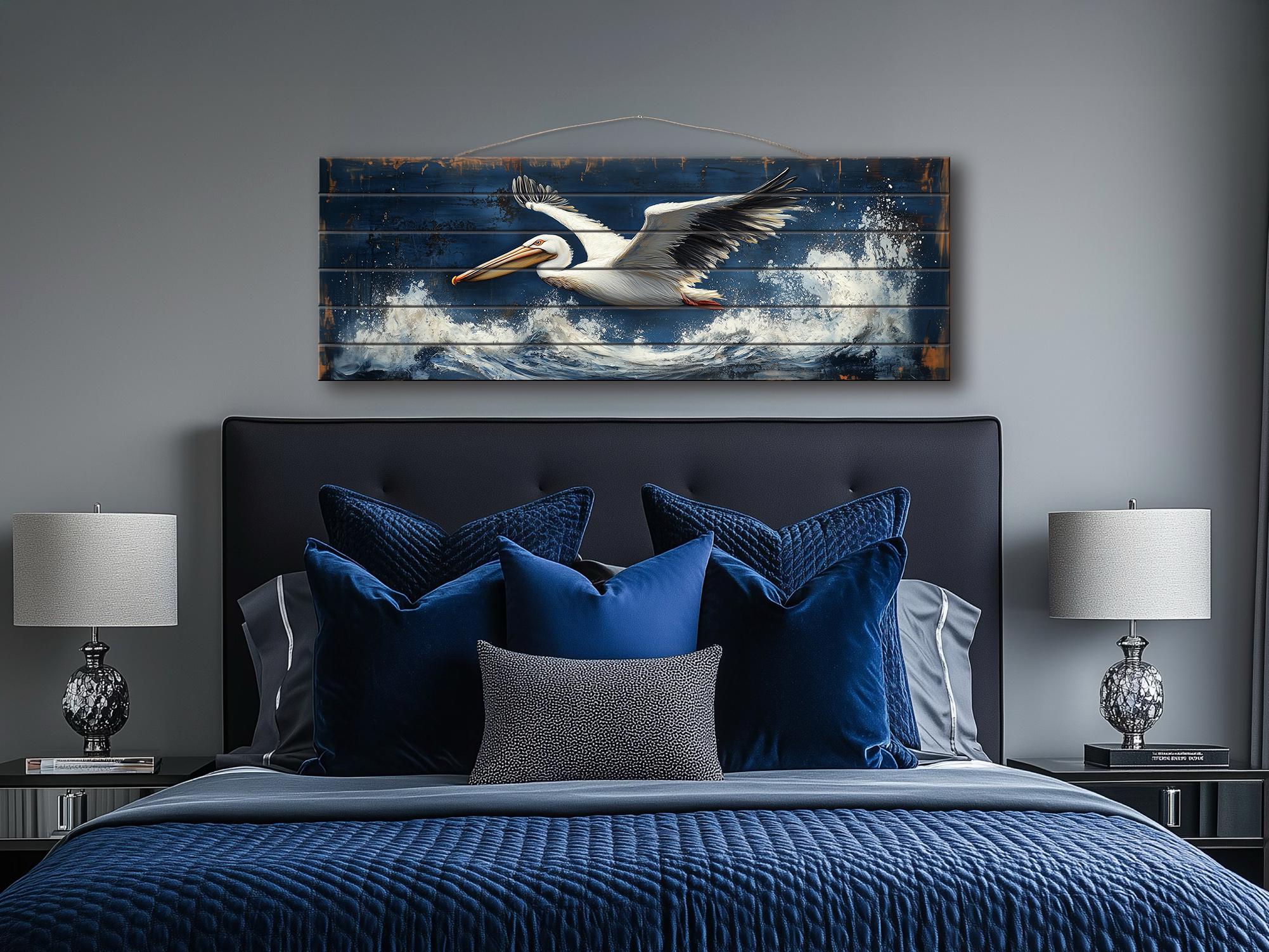 Pelican Flying Over Ocean Waves Long Horizontal Nautical Distressed Wood Wall Art