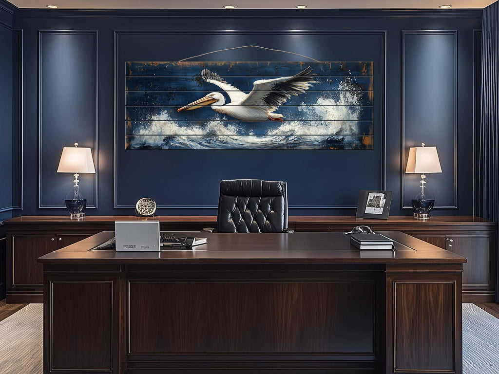 Pelican Flying Over Ocean Waves Long Horizontal Nautical Distressed Wood Wall Art