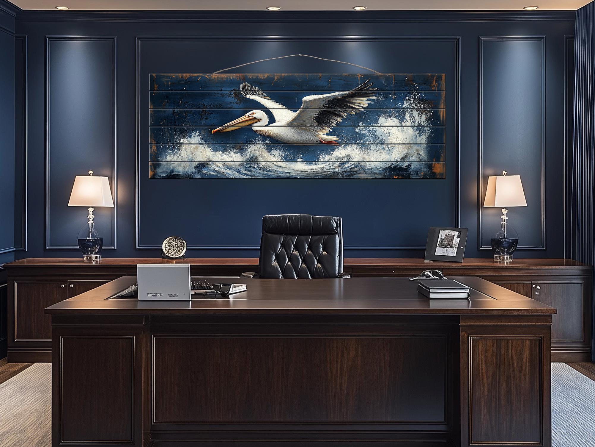 Pelican Flying Over Ocean Waves Long Horizontal Nautical Distressed Wood Wall Art