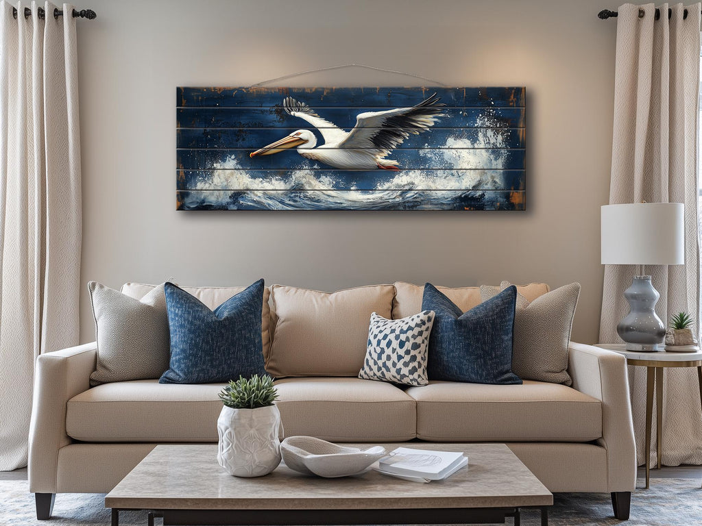 Pelican Flying Over Ocean Waves Long Horizontal Nautical Distressed Wood Wall Art