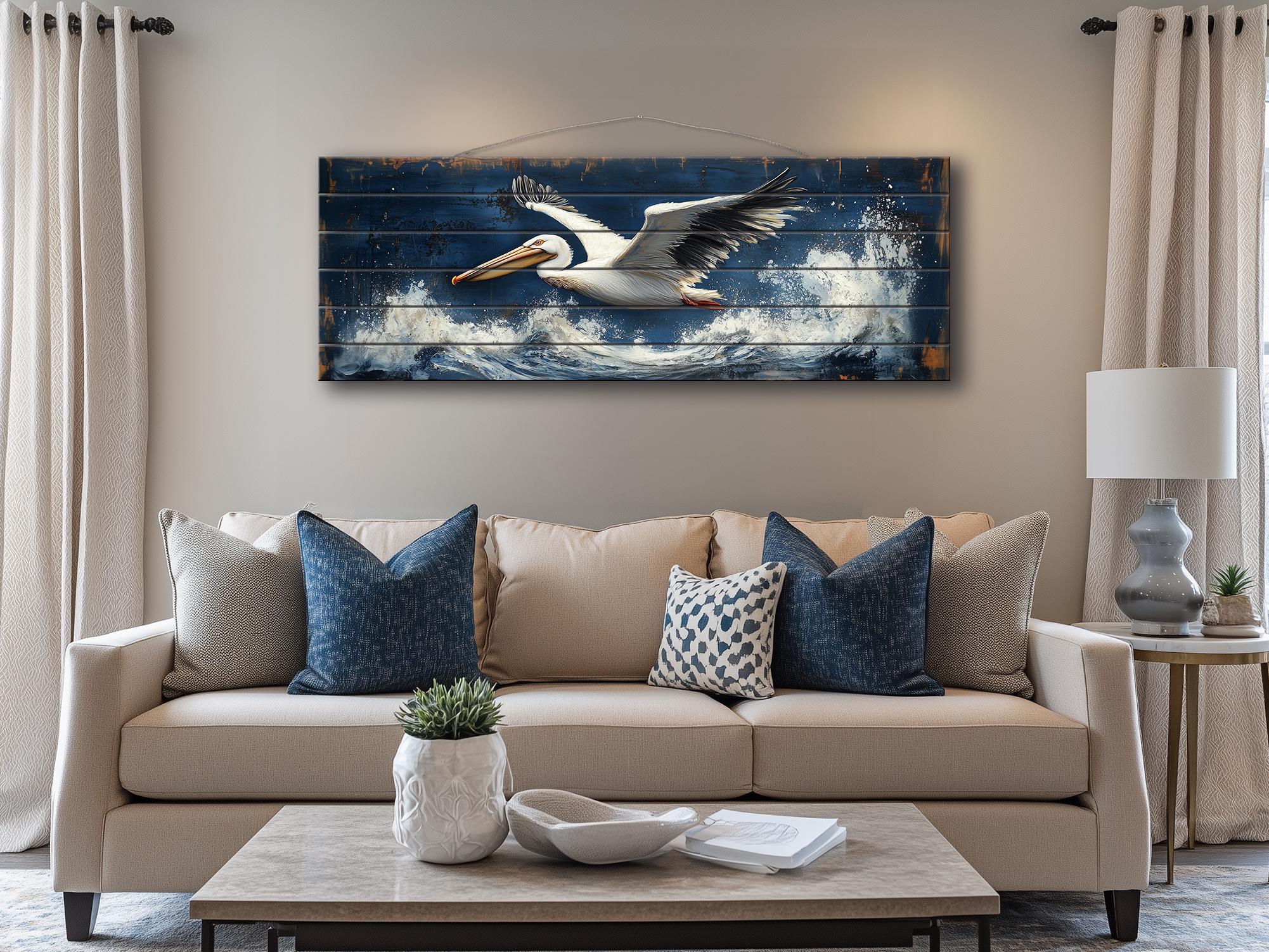 Pelican Flying Over Ocean Waves Long Horizontal Nautical Distressed Wood Wall Art