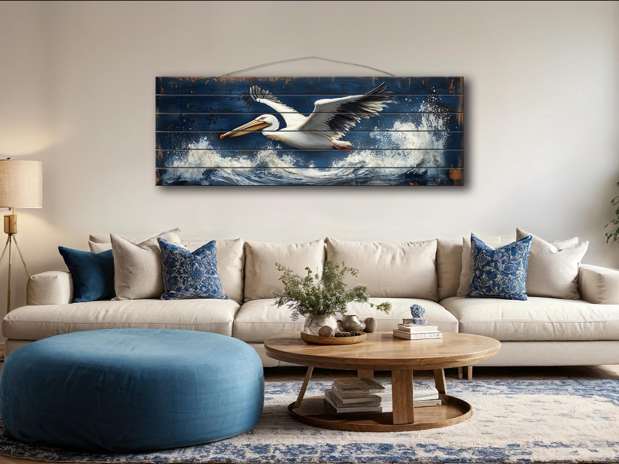 Pelican Flying Over Ocean Waves Long Horizontal Nautical Distressed Wood Wall Art