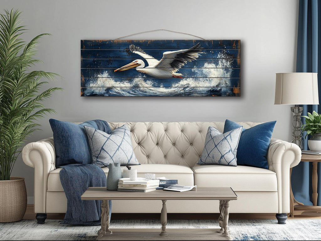 Pelican Flying Over Ocean Waves Long Horizontal Nautical Distressed Wood Wall Art