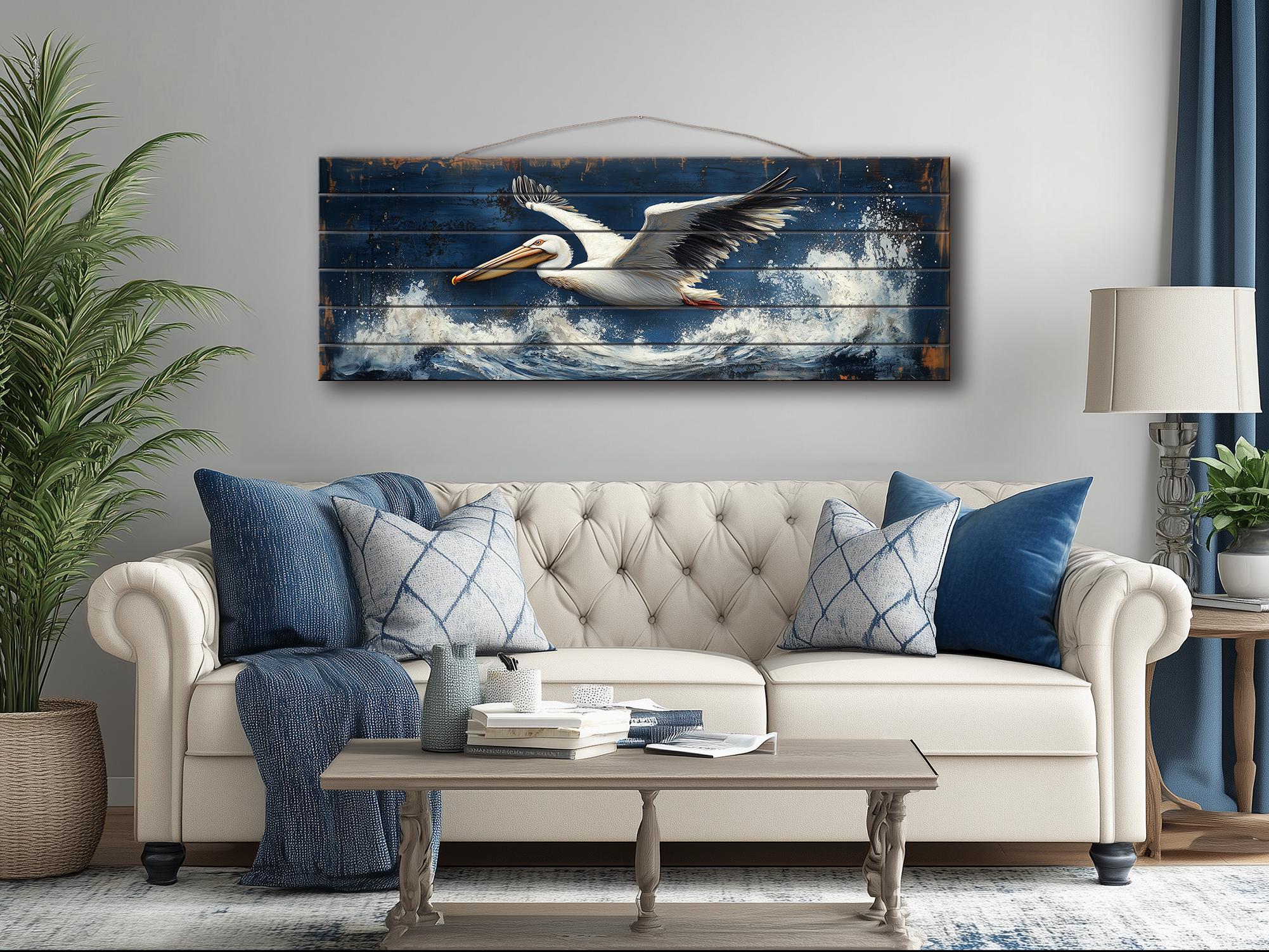 Pelican Flying Over Ocean Waves Long Horizontal Nautical Distressed Wood Wall Art