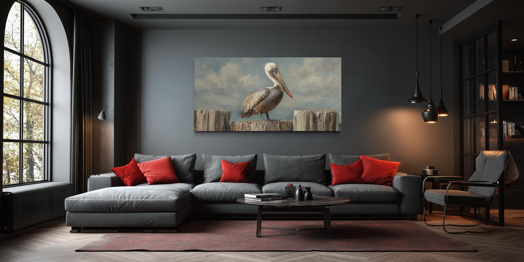 Pelican Standing On Wooden Posts Coastal Canvas Wall Art