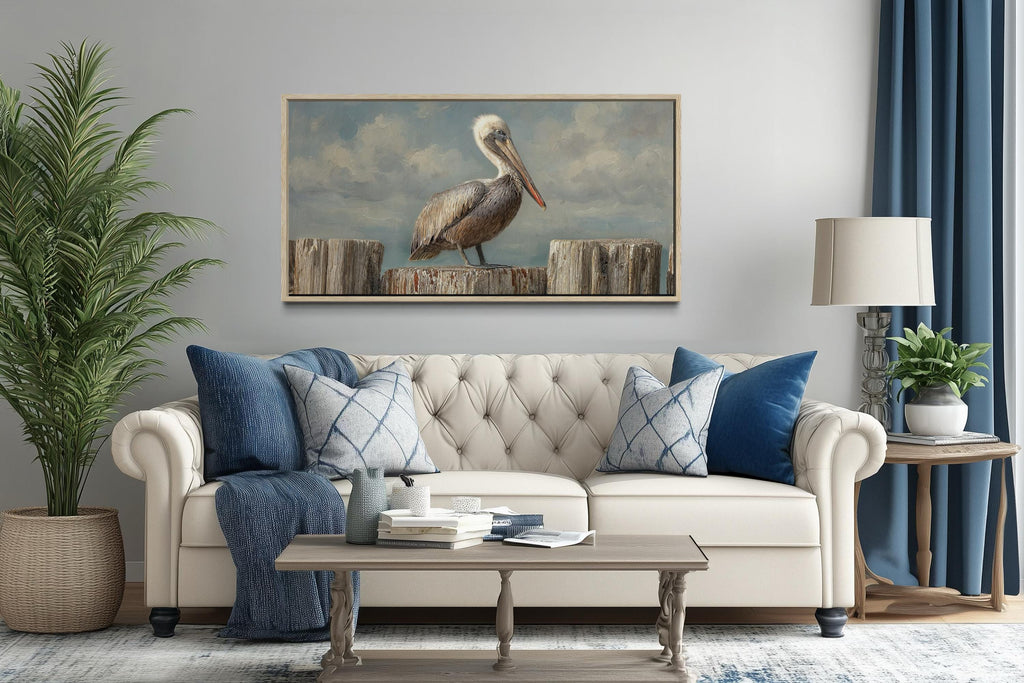Pelican Standing On Wooden Posts Coastal Canvas Wall Art