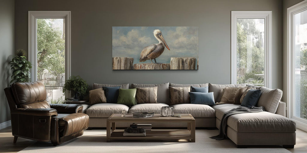 Pelican Standing On Wooden Posts Coastal Canvas Wall Art