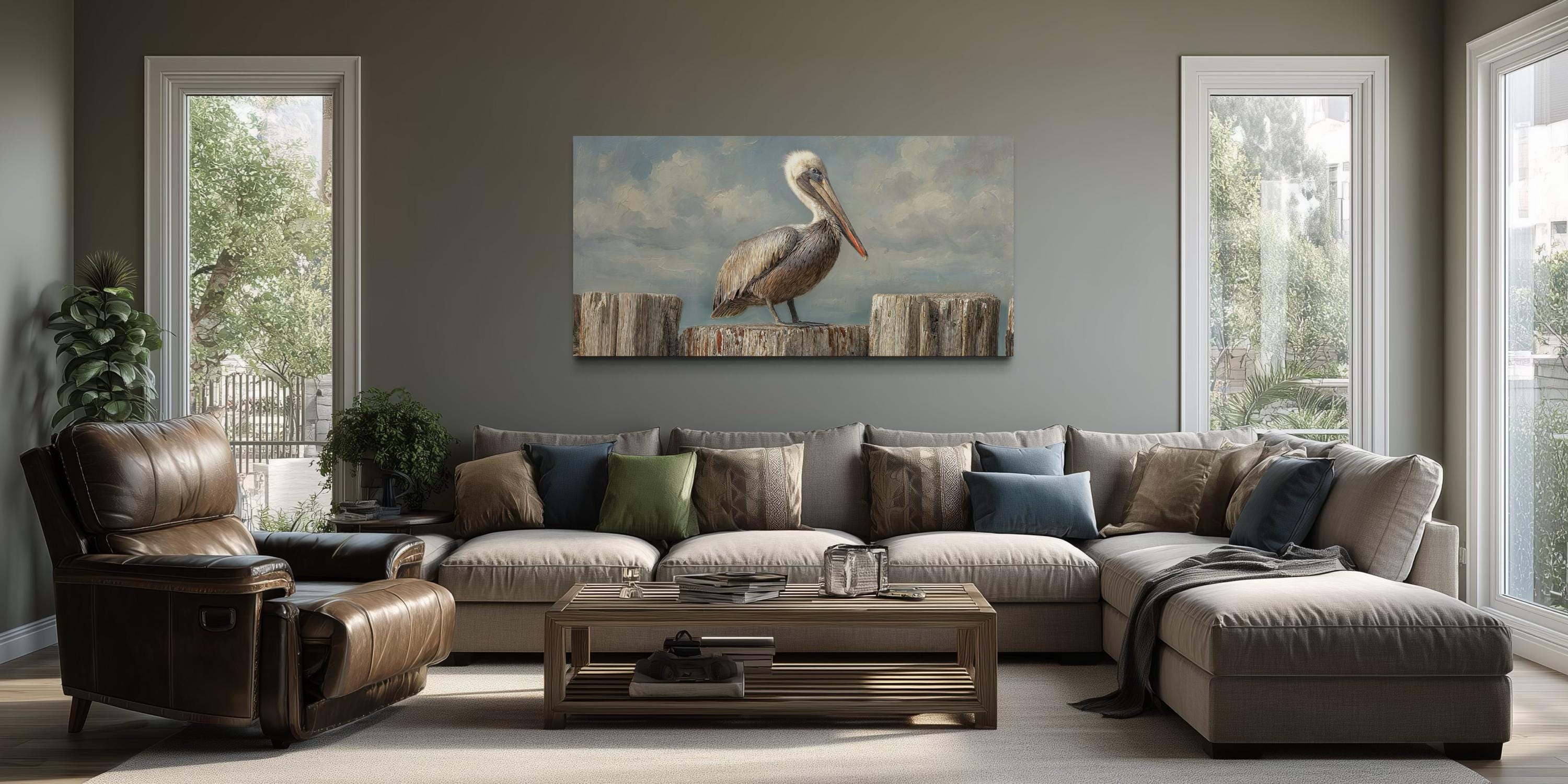Pelican Standing On Wooden Posts Coastal Canvas Wall Art